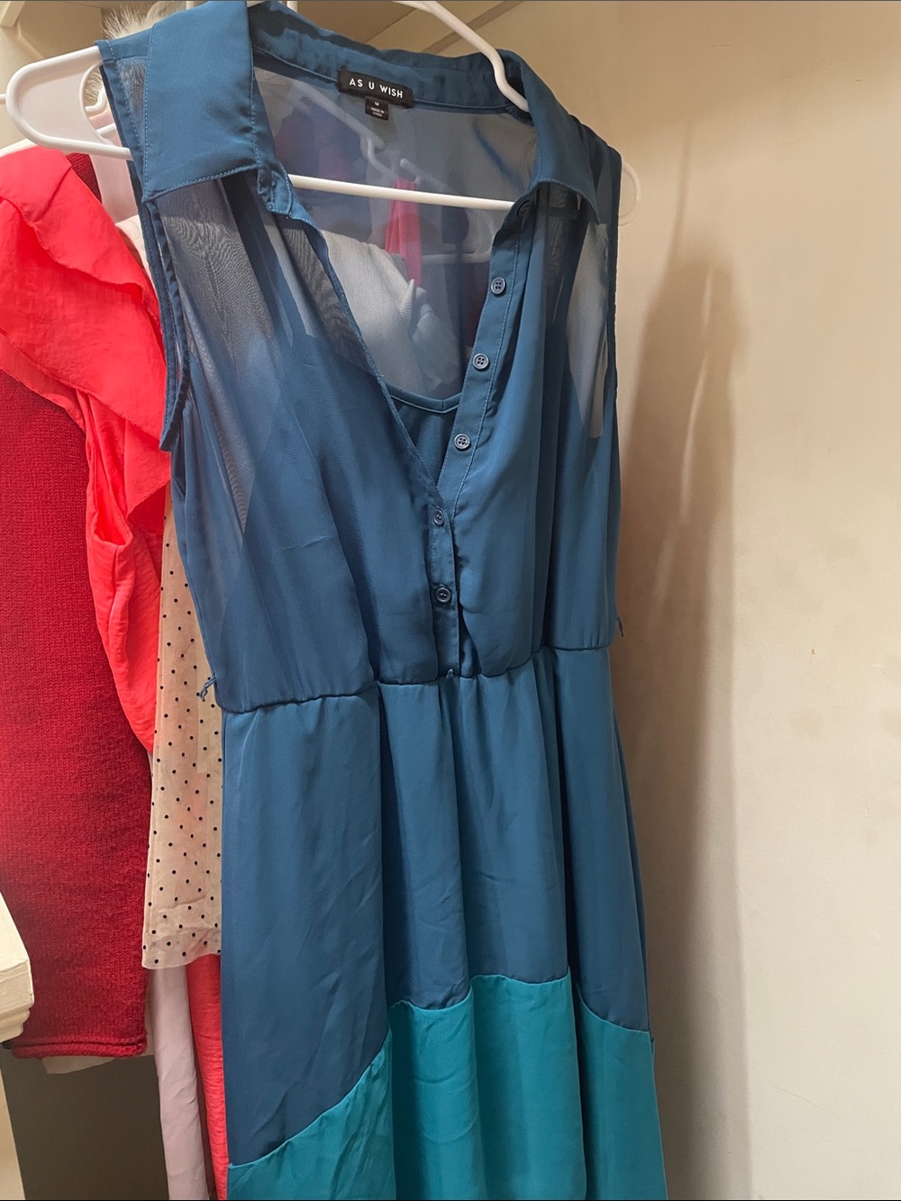 As U Wish Teal and Turquoise Sleeveless Button-Front Midi Dress